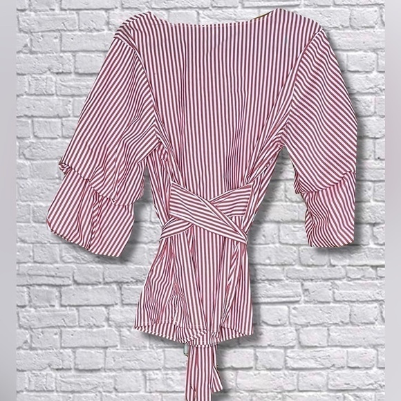 I.N.C Red and White Striped Tie Waist Blouse with Ruffled Sleeves - Picture 2 of 3